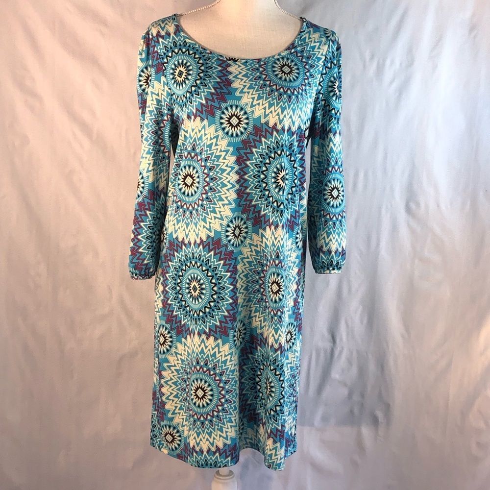Felicity & Coco Jersey Multi Color Geometric Shift Dress 3/4 Length Sleeves M👍